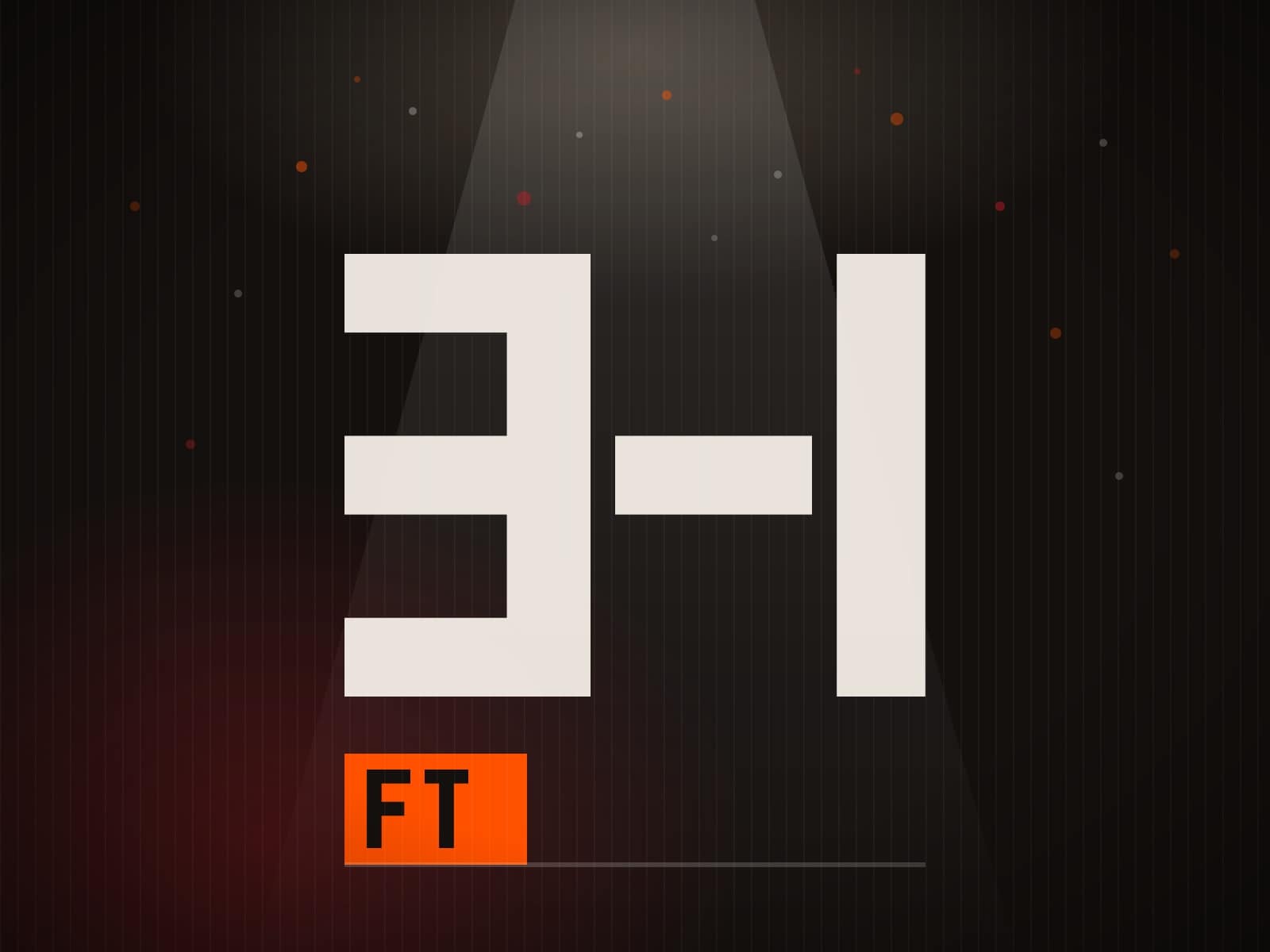 Full-time scoreboard graphic reading 3-1 with a flame FT block under floodlight glow