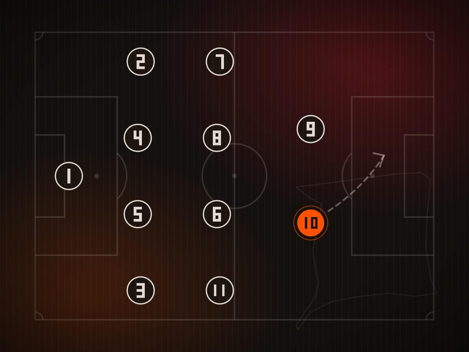 Tactical chalkboard of a 4-4-2 formation, eleven numbered roundels with the captain marked in flame